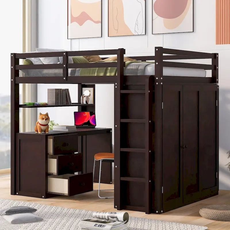 Multi-functional Pine Loft Bed with Desk, Wardrobe, Drawers, Shelves