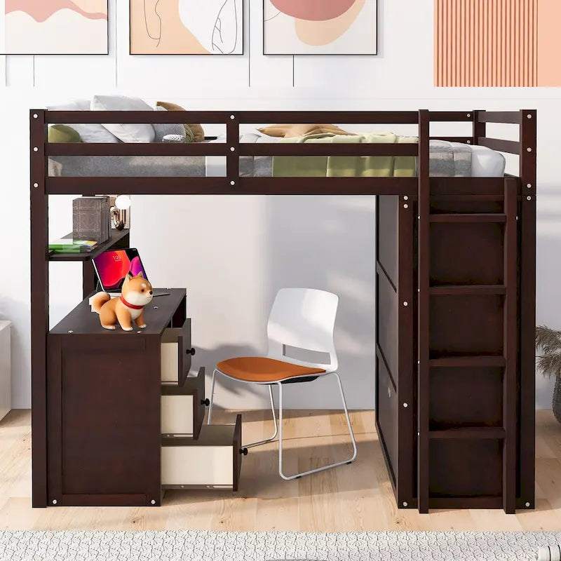 Multi-functional Pine Loft Bed with Desk, Wardrobe, Drawers, Shelves