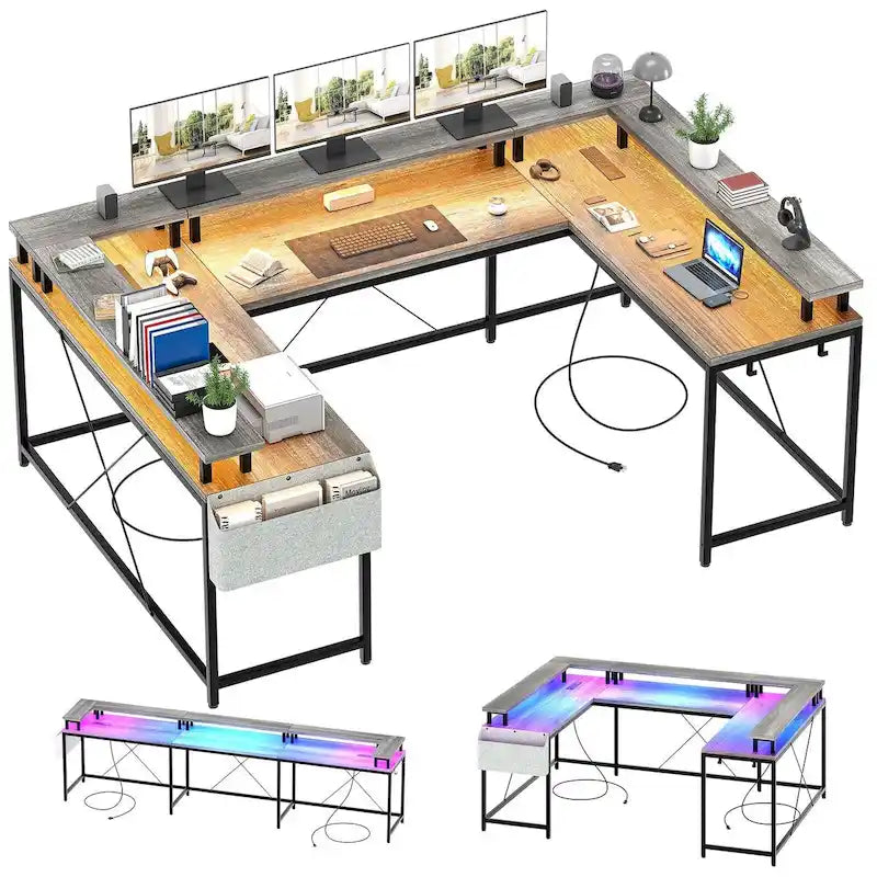 Reversible Shaped Large Computer Desk with Power Outlets