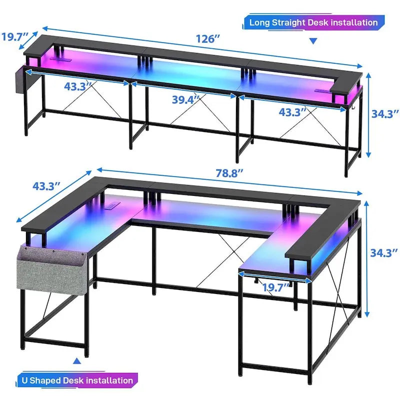 Reversible Shaped Large Computer Desk with Power Outlets