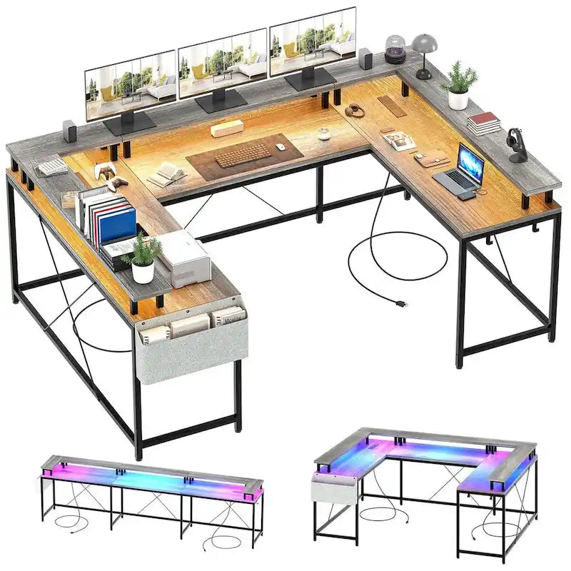 Reversible Shaped Large Computer Desk with Power Outlets