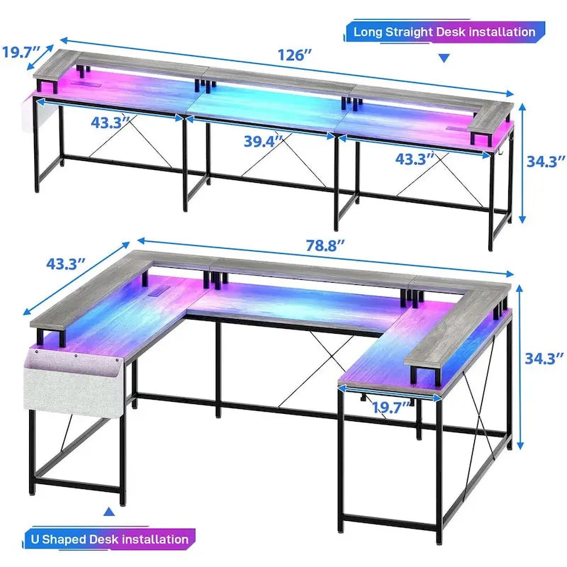 Reversible Shaped Large Computer Desk with Power Outlets