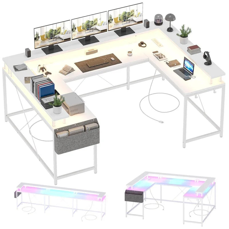 Reversible Shaped Large Computer Desk with Power Outlets