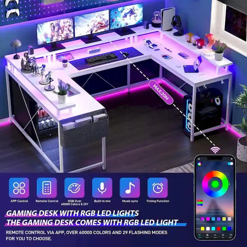 Reversible Shaped Large Computer Desk with Power Outlets