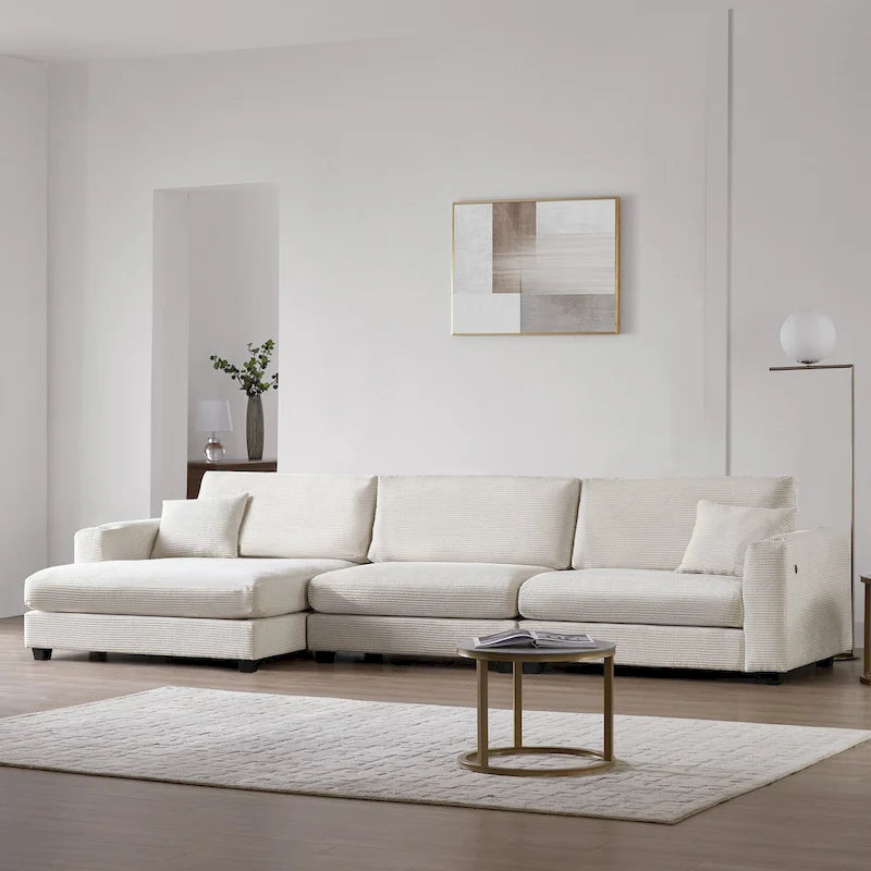 Oversized Corduroy Sectional Sofa,L Shaped Cloud Couch with USB Charging Port,Cup Holder,Deep Seat Sofa Bed with 50 Chaise