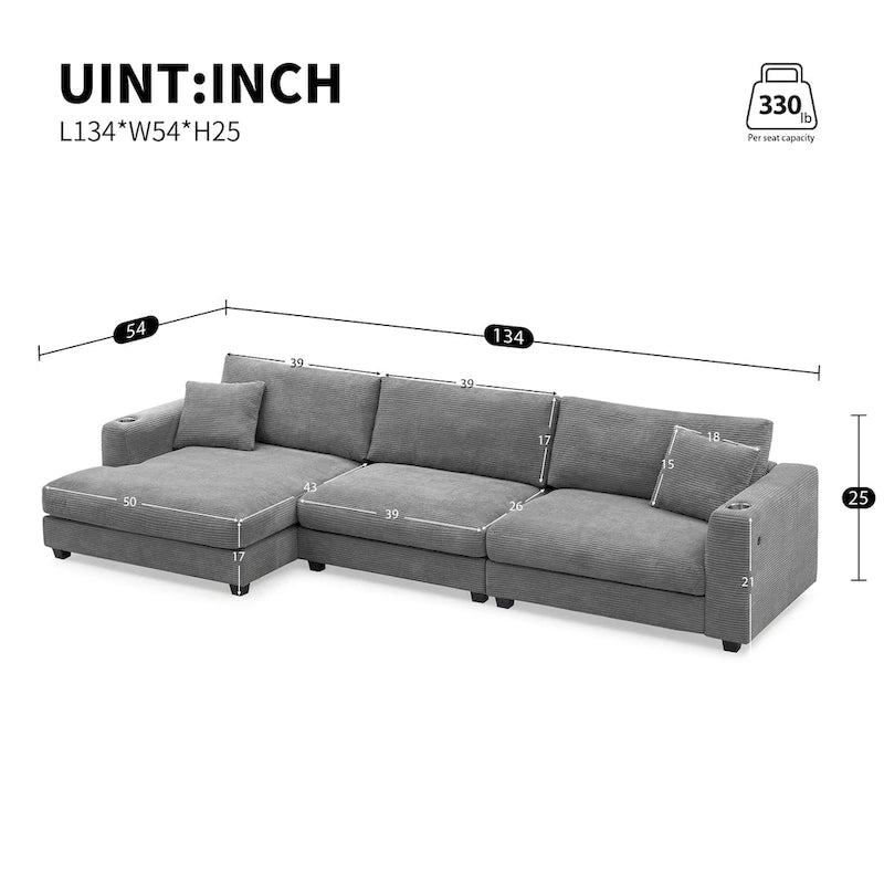 Oversized Corduroy Sectional Sofa,L Shaped Cloud Couch with USB Charging Port,Cup Holder,Deep Seat Sofa Bed with 50 Chaise