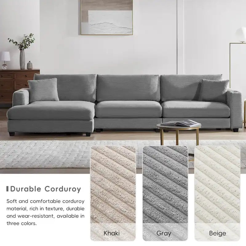 Oversized Corduroy Sectional Sofa,L Shaped Cloud Couch with USB Charging Port,Cup Holder,Deep Seat Sofa Bed with 50 Chaise