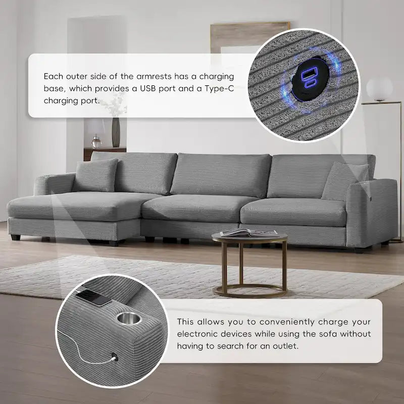 Oversized Corduroy Sectional Sofa,L Shaped Cloud Couch with USB Charging Port,Cup Holder,Deep Seat Sofa Bed with 50 Chaise