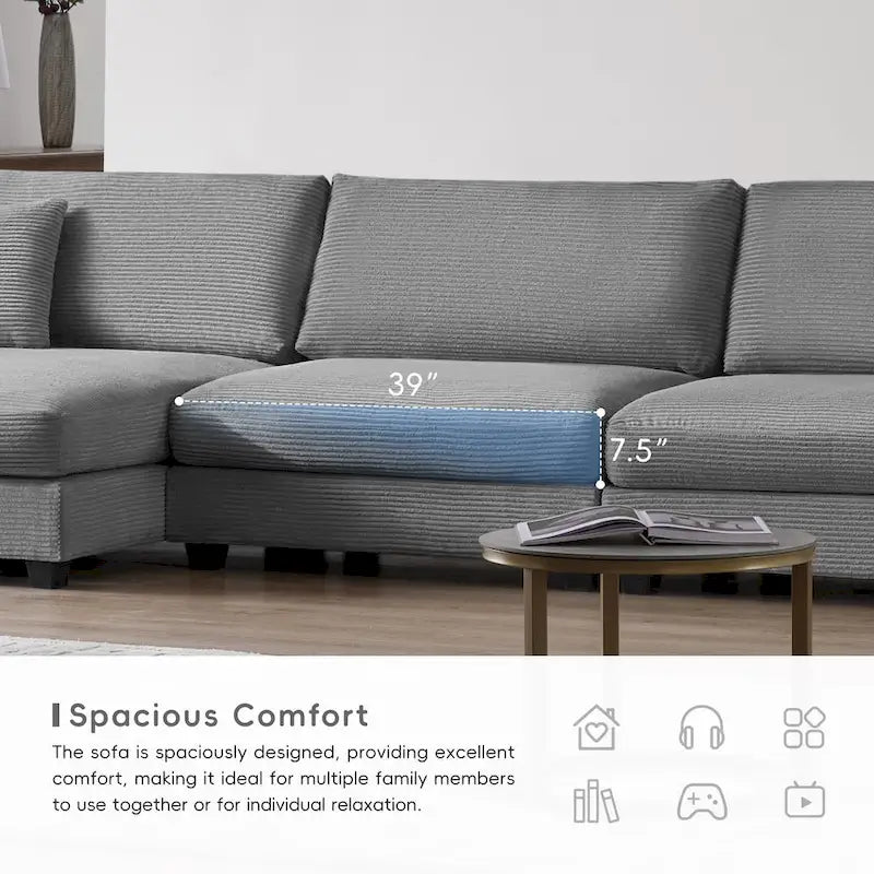 Oversized Corduroy Sectional Sofa,L Shaped Cloud Couch with USB Charging Port,Cup Holder,Deep Seat Sofa Bed with 50 Chaise