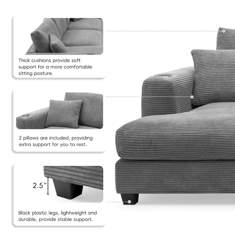 Oversized Corduroy Sectional Sofa,L Shaped Cloud Couch with USB Charging Port,Cup Holder,Deep Seat Sofa Bed with 50 Chaise