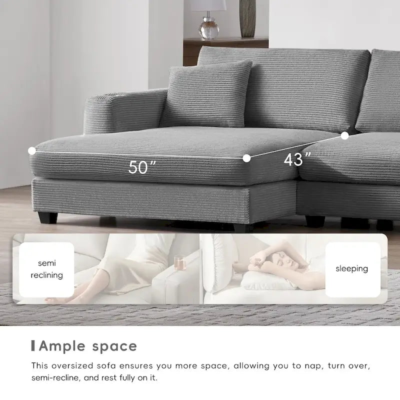 Oversized Corduroy Sectional Sofa,L Shaped Cloud Couch with USB Charging Port,Cup Holder,Deep Seat Sofa Bed with 50 Chaise
