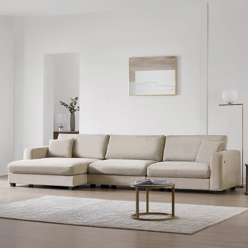 Oversized Corduroy Sectional Sofa,L Shaped Cloud Couch with USB Charging Port,Cup Holder,Deep Seat Sofa Bed with 50 Chaise