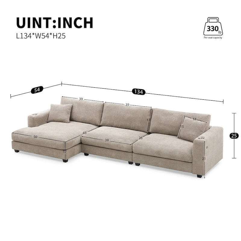 Oversized Corduroy Sectional Sofa,L Shaped Cloud Couch with USB Charging Port,Cup Holder,Deep Seat Sofa Bed with 50 Chaise