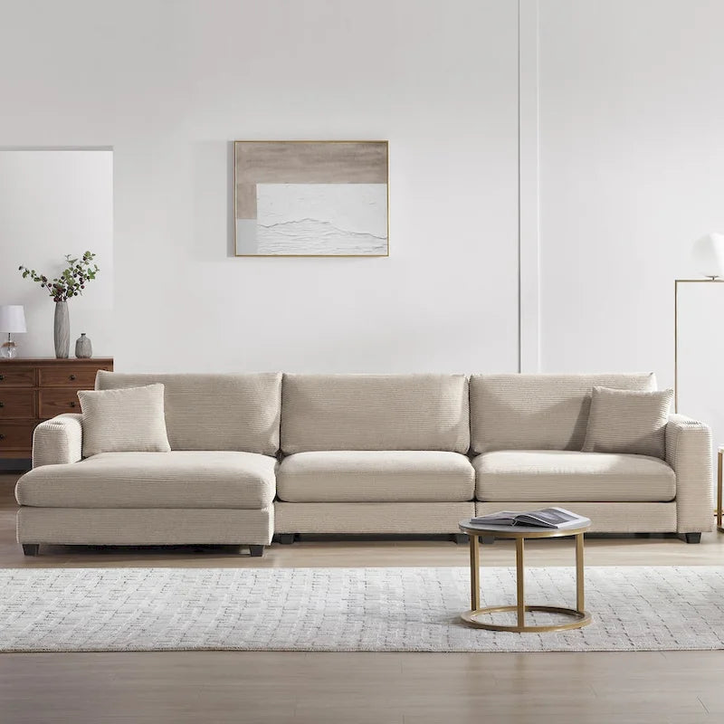Oversized Corduroy Sectional Sofa,L Shaped Cloud Couch with USB Charging Port,Cup Holder,Deep Seat Sofa Bed with 50 Chaise