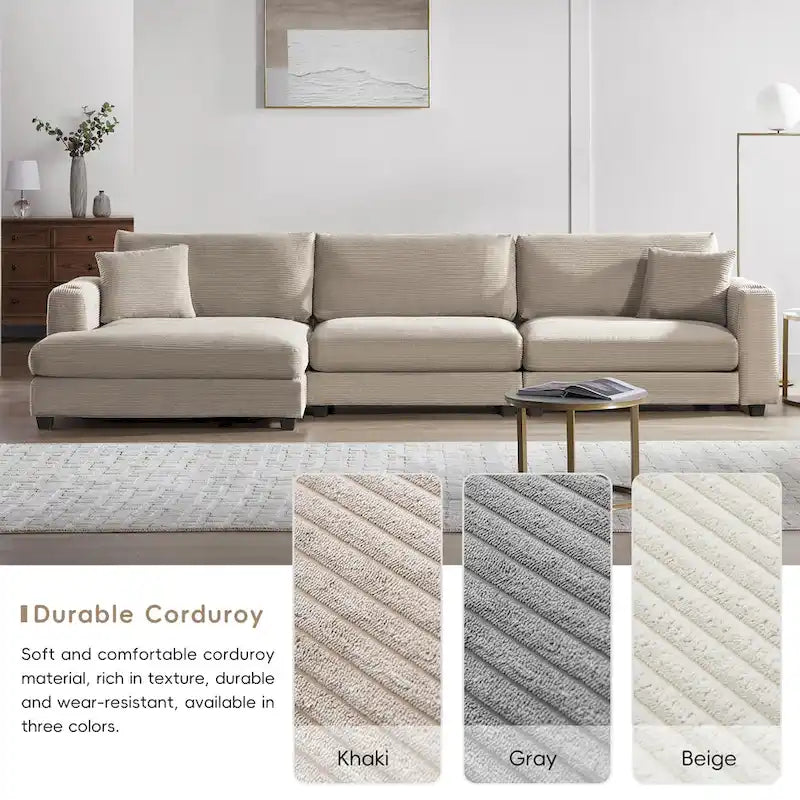 Oversized Corduroy Sectional Sofa,L Shaped Cloud Couch with USB Charging Port,Cup Holder,Deep Seat Sofa Bed with 50 Chaise