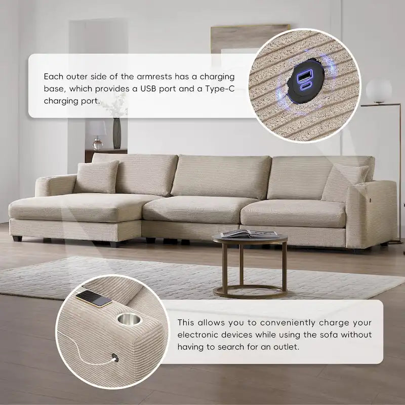 Oversized Corduroy Sectional Sofa,L Shaped Cloud Couch with USB Charging Port,Cup Holder,Deep Seat Sofa Bed with 50 Chaise