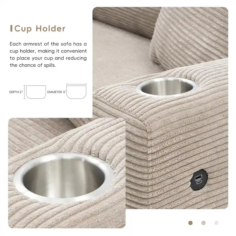 Oversized Corduroy Sectional Sofa,L Shaped Cloud Couch with USB Charging Port,Cup Holder,Deep Seat Sofa Bed with 50 Chaise