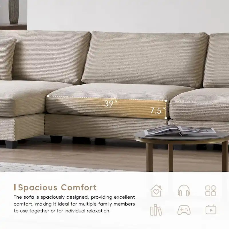 Oversized Corduroy Sectional Sofa,L Shaped Cloud Couch with USB Charging Port,Cup Holder,Deep Seat Sofa Bed with 50 Chaise