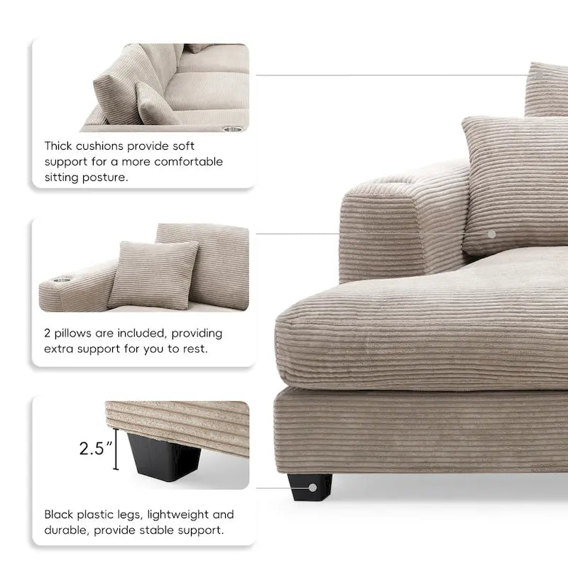 Oversized Corduroy Sectional Sofa,L Shaped Cloud Couch with USB Charging Port,Cup Holder,Deep Seat Sofa Bed with 50 Chaise