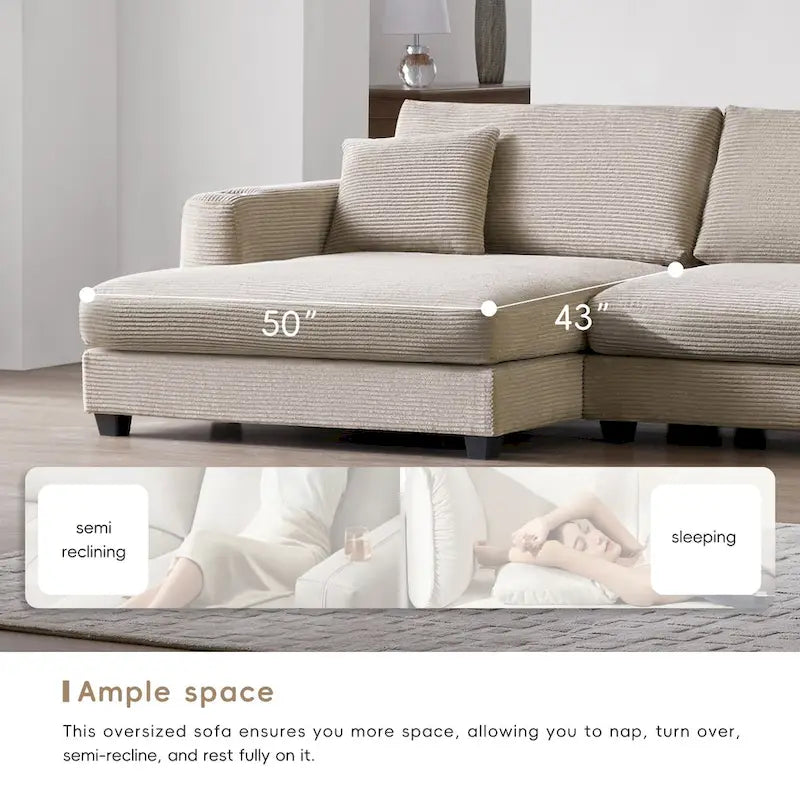 Oversized Corduroy Sectional Sofa,L Shaped Cloud Couch with USB Charging Port,Cup Holder,Deep Seat Sofa Bed with 50 Chaise