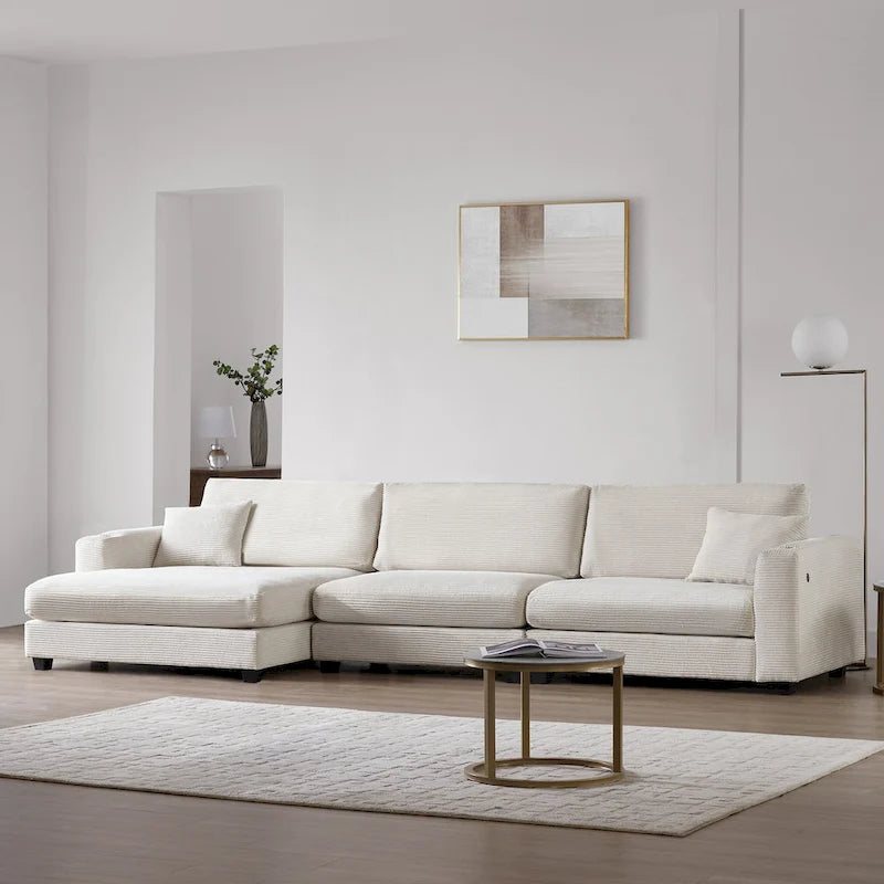 Oversized Corduroy Sectional Sofa,L Shaped Cloud Couch with USB Charging Port,Cup Holder,Deep Seat Sofa Bed with 50 Chaise