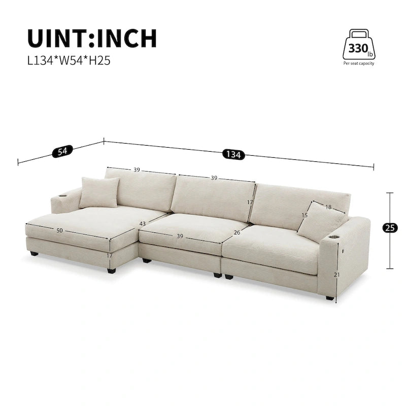 Oversized Corduroy Sectional Sofa,L Shaped Cloud Couch with USB Charging Port,Cup Holder,Deep Seat Sofa Bed with 50 Chaise