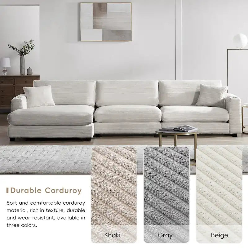 Oversized Corduroy Sectional Sofa,L Shaped Cloud Couch with USB Charging Port,Cup Holder,Deep Seat Sofa Bed with 50 Chaise