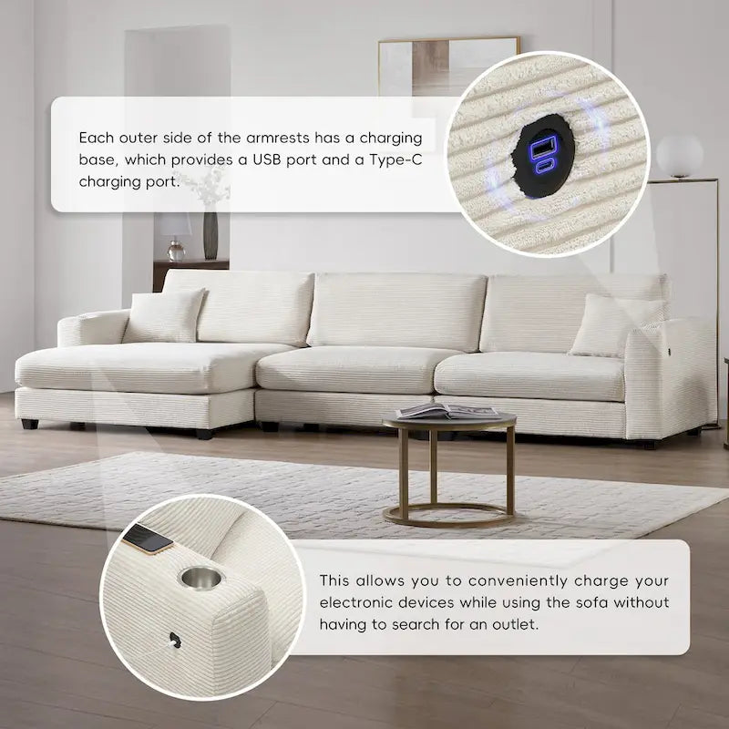 Oversized Corduroy Sectional Sofa,L Shaped Cloud Couch with USB Charging Port,Cup Holder,Deep Seat Sofa Bed with 50 Chaise