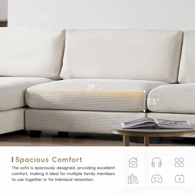 Oversized Corduroy Sectional Sofa,L Shaped Cloud Couch with USB Charging Port,Cup Holder,Deep Seat Sofa Bed with 50 Chaise