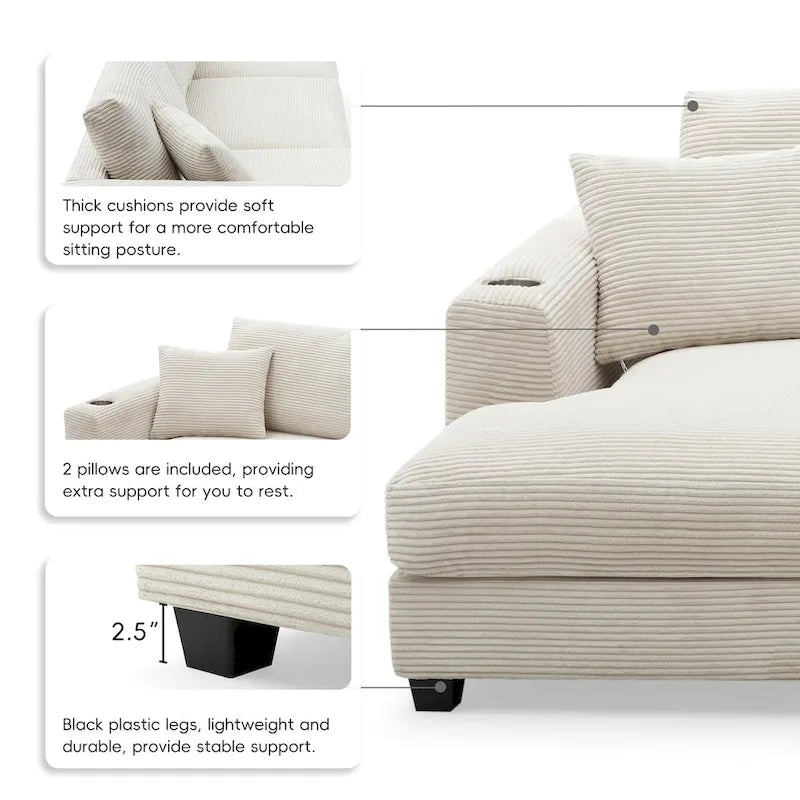 Oversized Corduroy Sectional Sofa,L Shaped Cloud Couch with USB Charging Port,Cup Holder,Deep Seat Sofa Bed with 50 Chaise