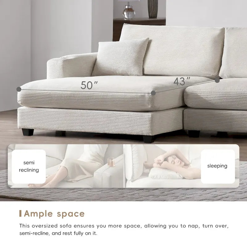 Oversized Corduroy Sectional Sofa,L Shaped Cloud Couch with USB Charging Port,Cup Holder,Deep Seat Sofa Bed with 50 Chaise
