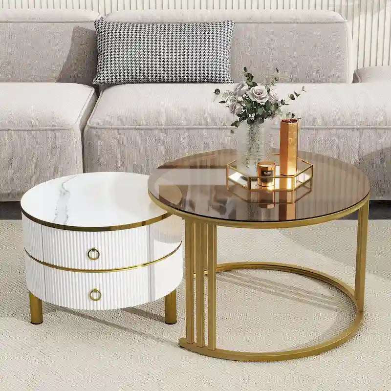 Stackable Round Coffee Table with 2 Drawers, Modern Nesting Tables