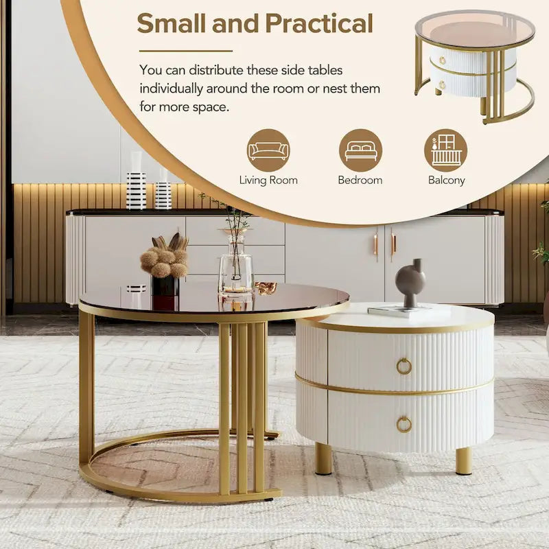 Stackable Round Coffee Table with 2 Drawers, Modern Nesting Tables