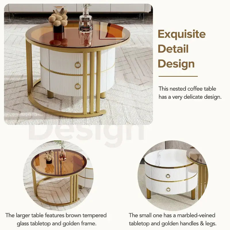 Stackable Round Coffee Table with 2 Drawers, Modern Nesting Tables