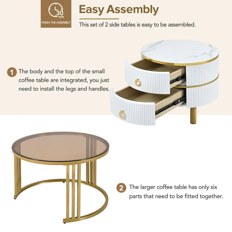Stackable Round Coffee Table with 2 Drawers, Modern Nesting Tables
