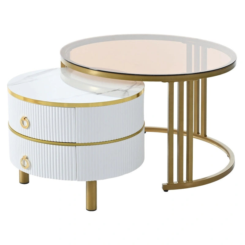Stackable Round Coffee Table with 2 Drawers, Modern Nesting Tables