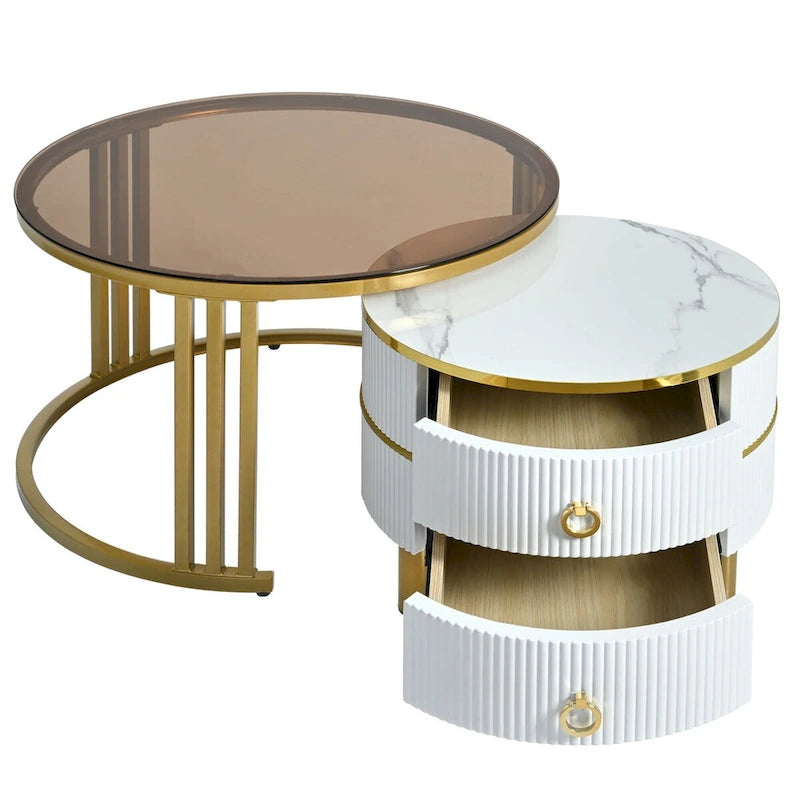 Stackable Round Coffee Table with 2 Drawers, Modern Nesting Tables