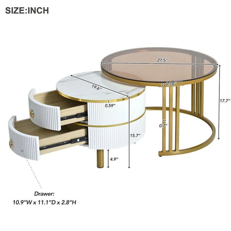 Stackable Round Coffee Table with 2 Drawers, Modern Nesting Tables