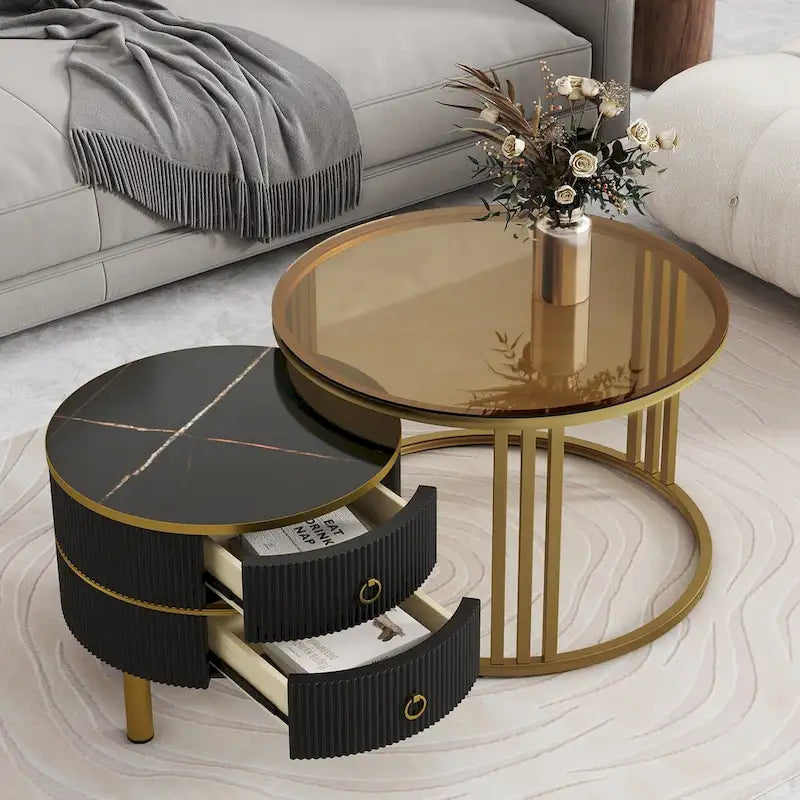 Stackable Round Coffee Table with 2 Drawers, Modern Nesting Tables