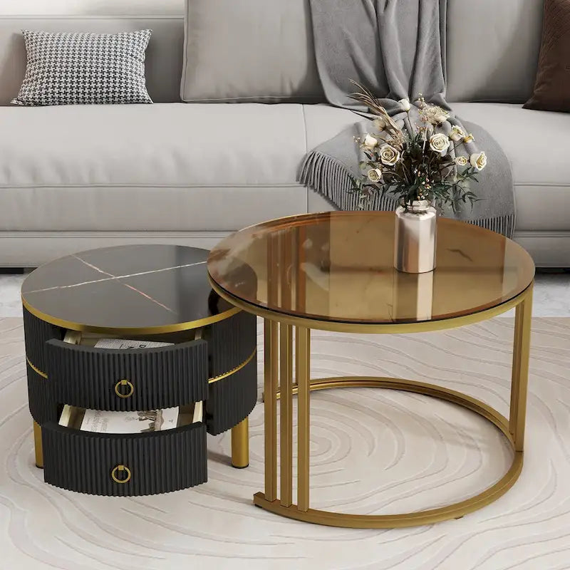 Stackable Round Coffee Table with 2 Drawers, Modern Nesting Tables