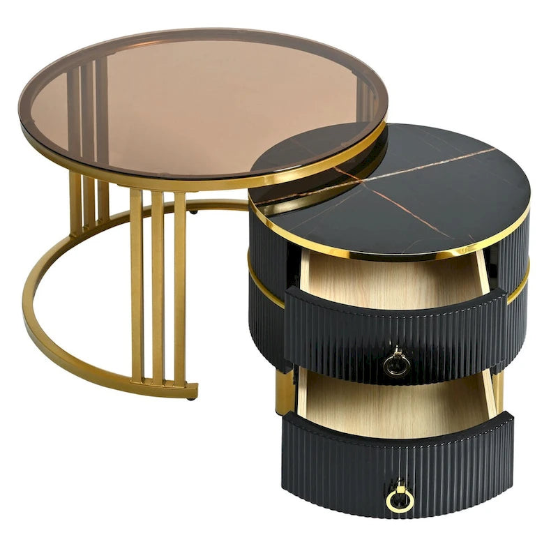 Stackable Round Coffee Table with 2 Drawers, Modern Nesting Tables