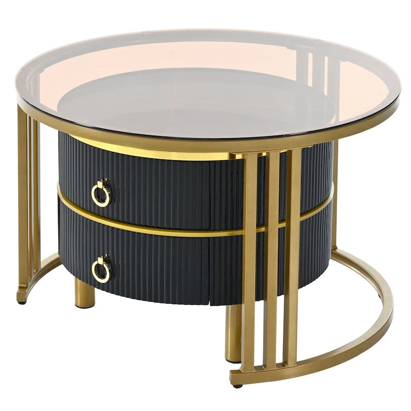 Stackable Round Coffee Table with 2 Drawers, Modern Nesting Tables