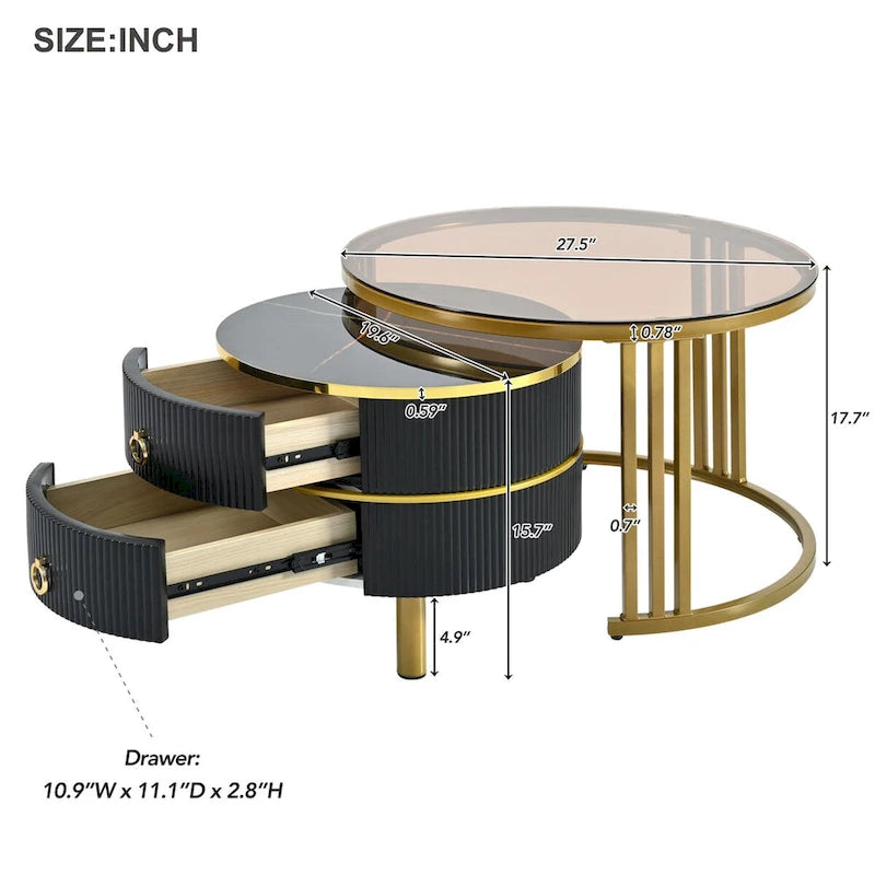 Stackable Round Coffee Table with 2 Drawers, Modern Nesting Tables