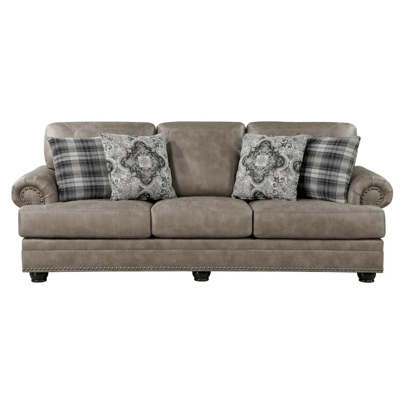 Jade 98 Inch Sofa, Taupe Brown Microfiber, 4 Pillows, Soft Cushions, Wood