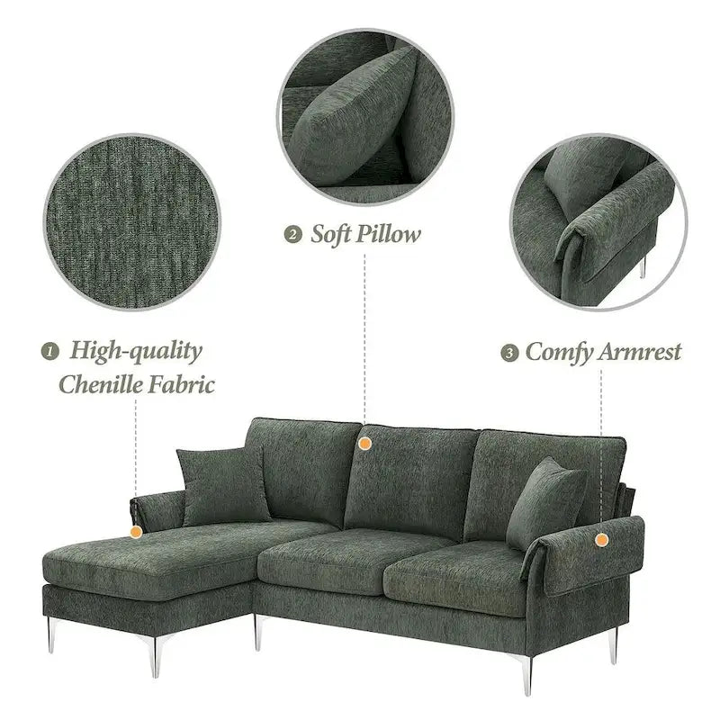 L-shaped Convertible Sectional Sofa, Chenille Sofa Couch with Reversible Chaise Lounge for Living Room, Apartment