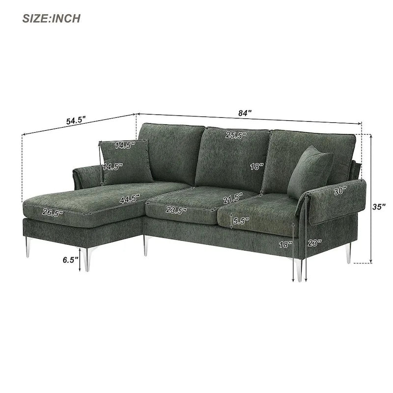L-shaped Convertible Sectional Sofa, Chenille Sofa Couch with Reversible Chaise Lounge for Living Room, Apartment