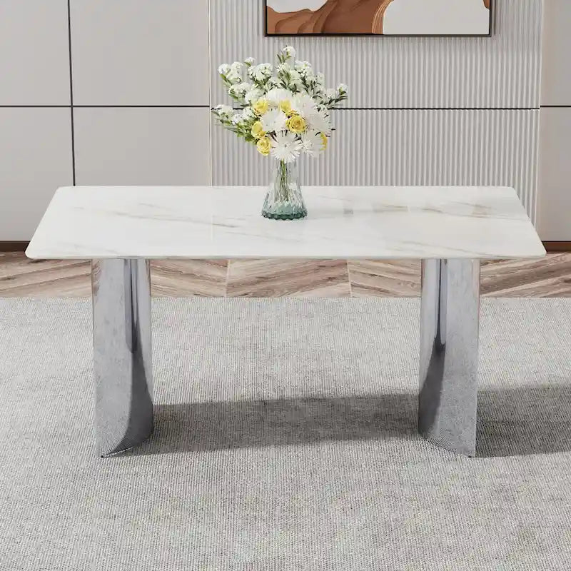 Modern minimalist dining table. White imitation marble glass sticker desktop
