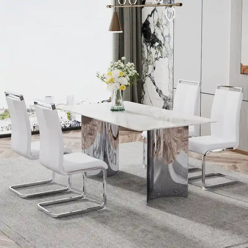 Modern minimalist dining table. White imitation marble glass sticker desktop