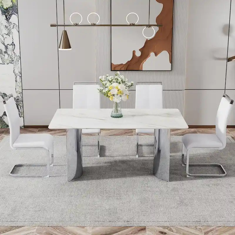 Modern minimalist dining table. White imitation marble glass sticker desktop