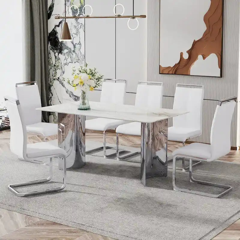 Modern minimalist dining table. White imitation marble glass sticker desktop